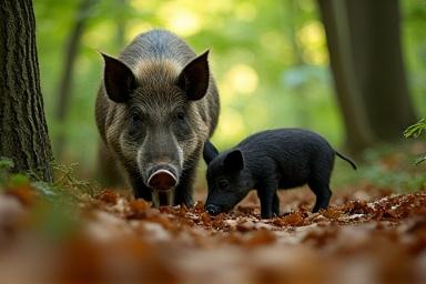 Vaddisznócsalád a sűrű erdőben, természetes környezetükben.