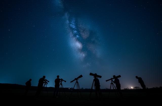 Tiszta éjszakai égbolt, tele csillagokkal, távcsővel megfigyelőkkel