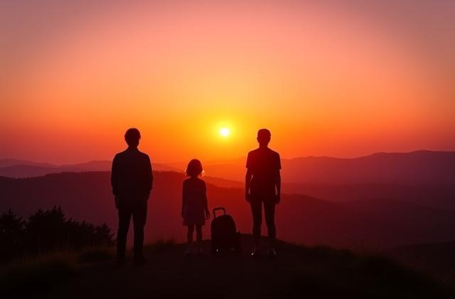 Túrázó pár nézi a naplementét egy gyönyörű tájon, szabadság és egyedi élmény szimbóluma