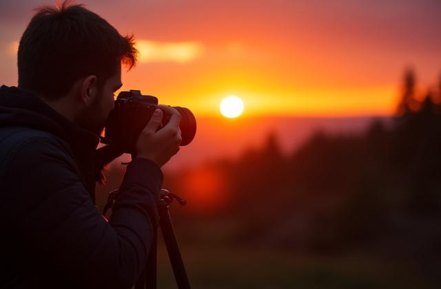 Fotós, amint egy lenyűgöző naplementét örökít meg a természetben