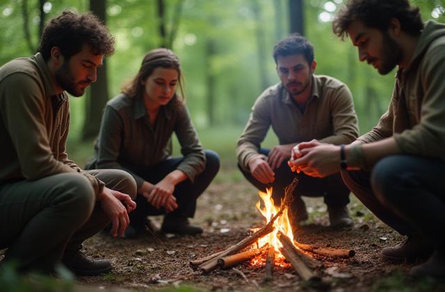 Emberek tüzet gyújtanak a vadonban túlélő kurzuson