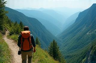 Napelemes túrázók egy hegygerincen, lenyűgöző tájjal, mobil nézetre optimalizálva